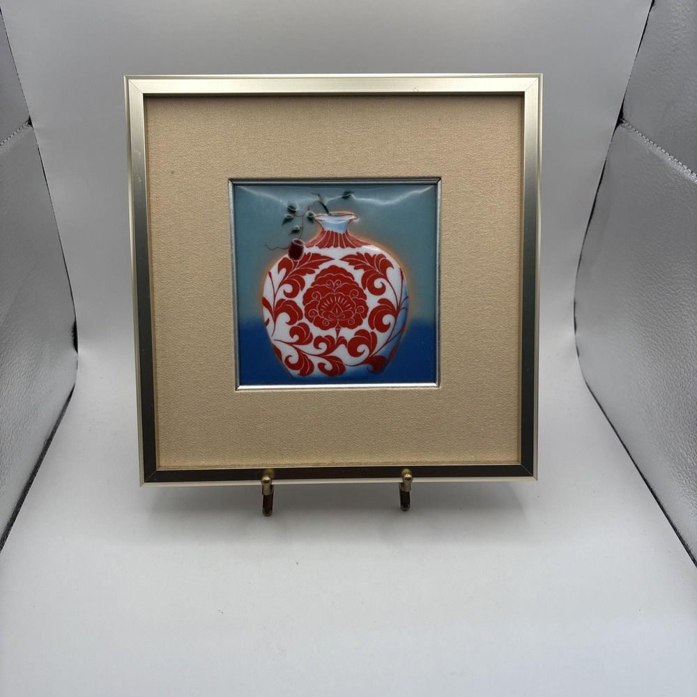 Vtg~Japanese Ando Santo~Cloisonne Painting~Depicting Red/White Vase~9"x9"